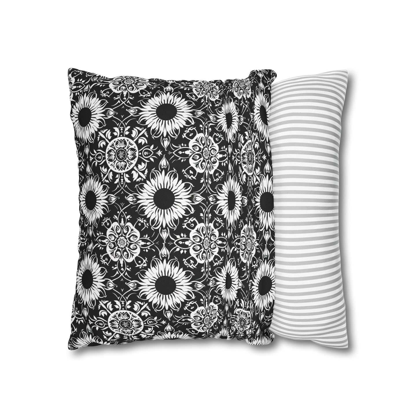 Elegant Mandala Design with Black and White Sunflowers Spun Polyester Square Pillowcase 4 Sizes