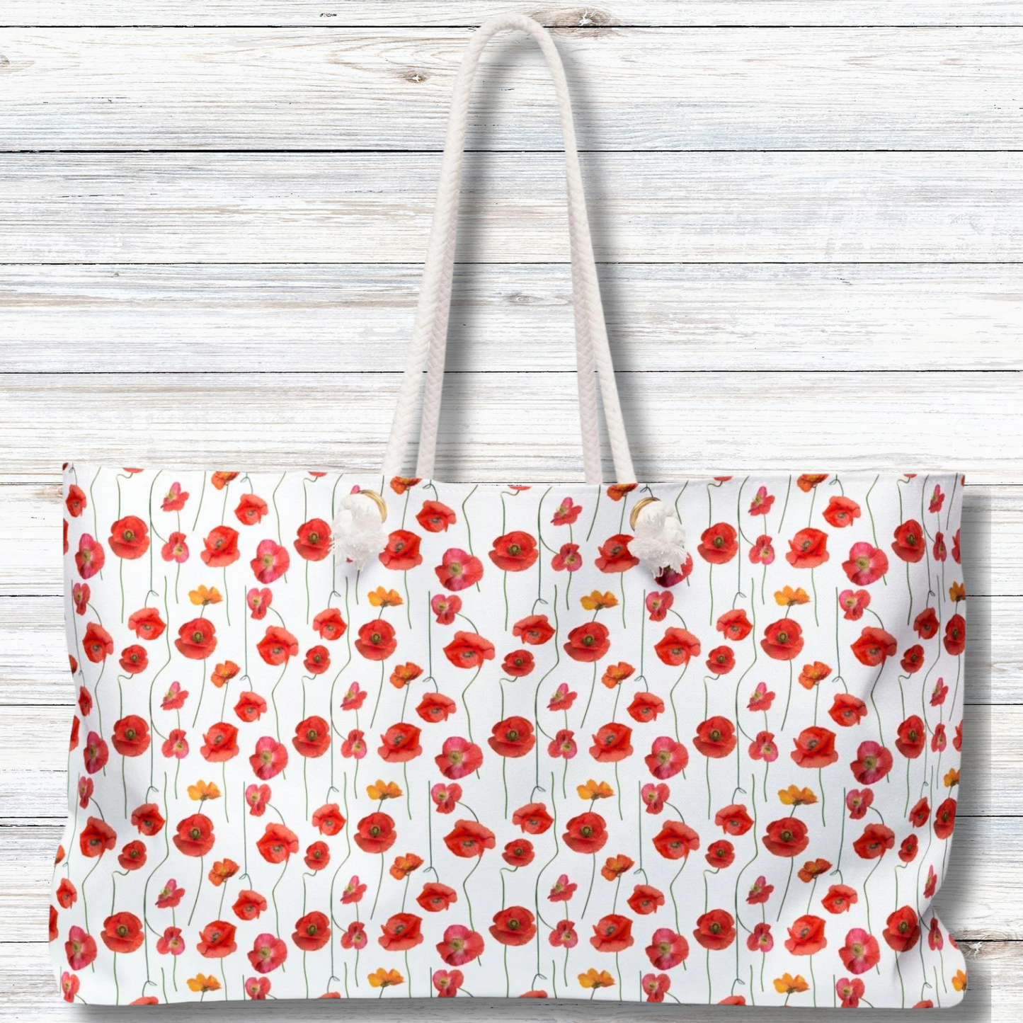 Vivid Elegance: Bright Red Poppies on a White Background  - Weekender Oversized Canvas Tote Bag 24" × 13"