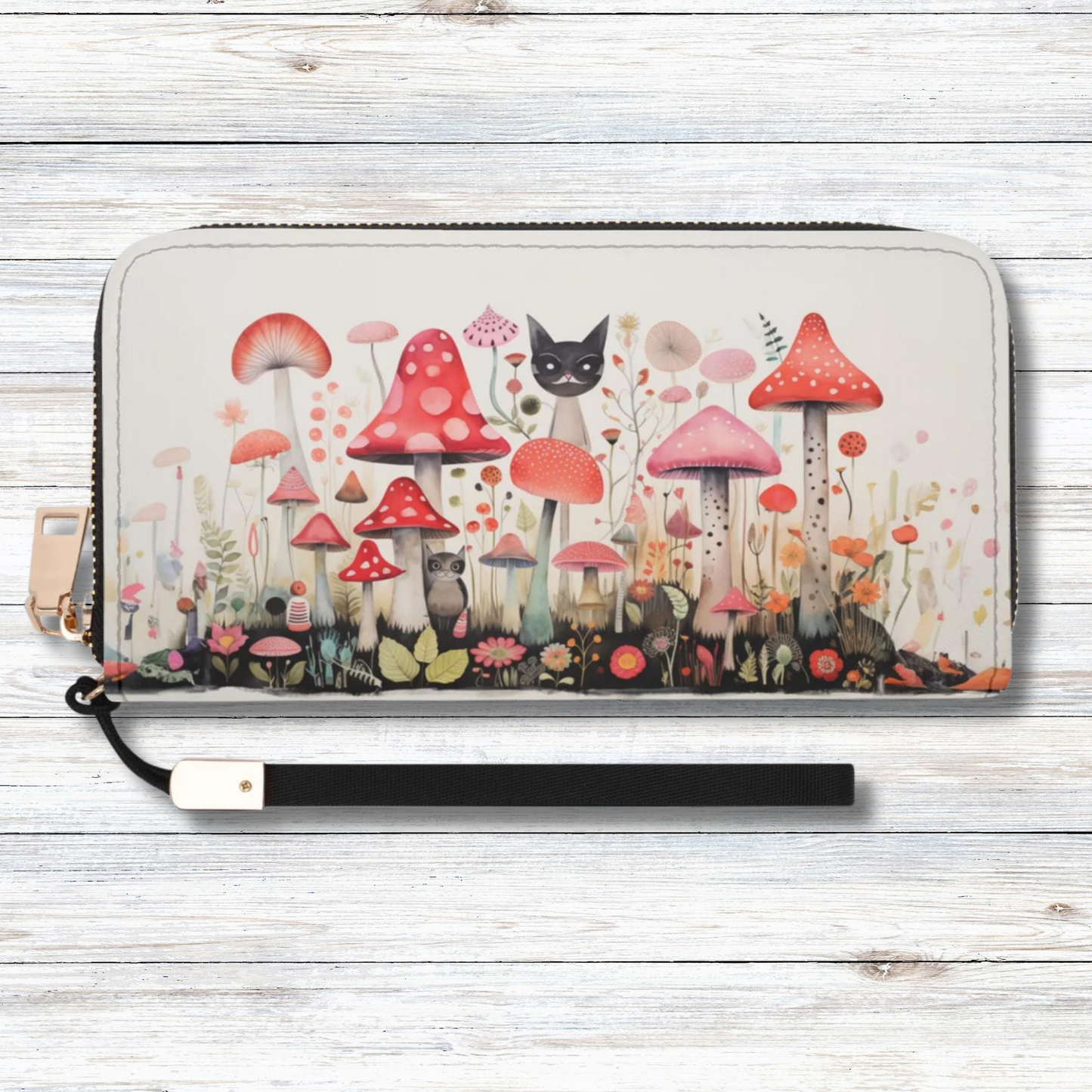 Cats Prowling Amongst the Mushroom Garden, Playfully Peering Over the Caps - Wristlet Wallet Leather (PU)