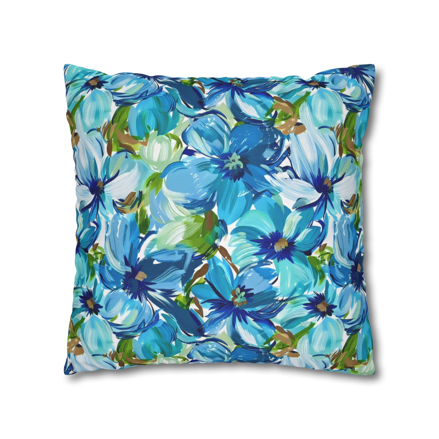 Large Blue Watercolor Flowers with Gentle Accents of Brown and Green Spun Polyester Square Pillowcase 4 Sizes