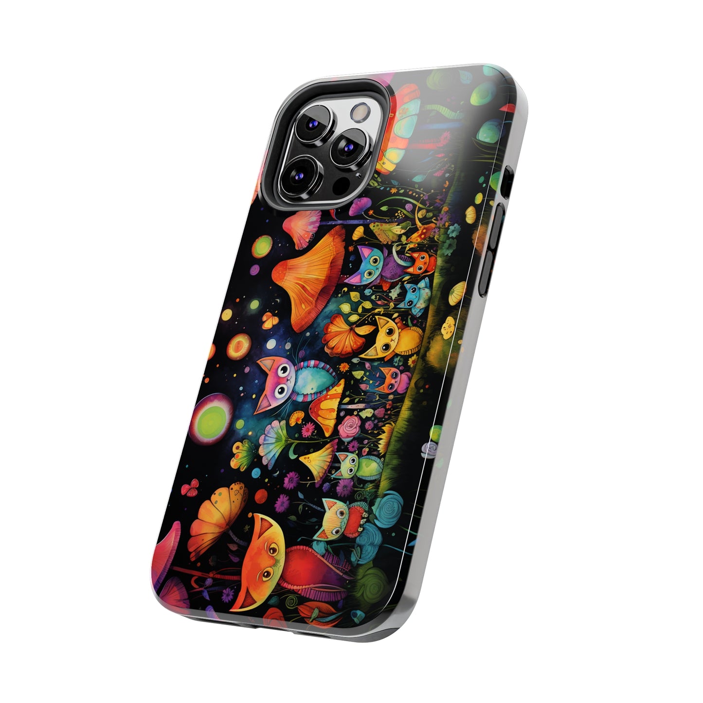 Mystical Cats Amidst a Garden of Flowers and Mushrooms, Beneath a Starry Sky Iphone Tough Phone Case