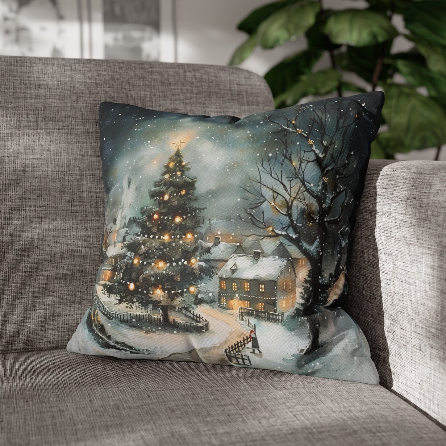 Winter Wonderland Glow: Christmas Tree Illuminating a Snowy Village Spun Polyester Square Pillowcase 4 Sizes