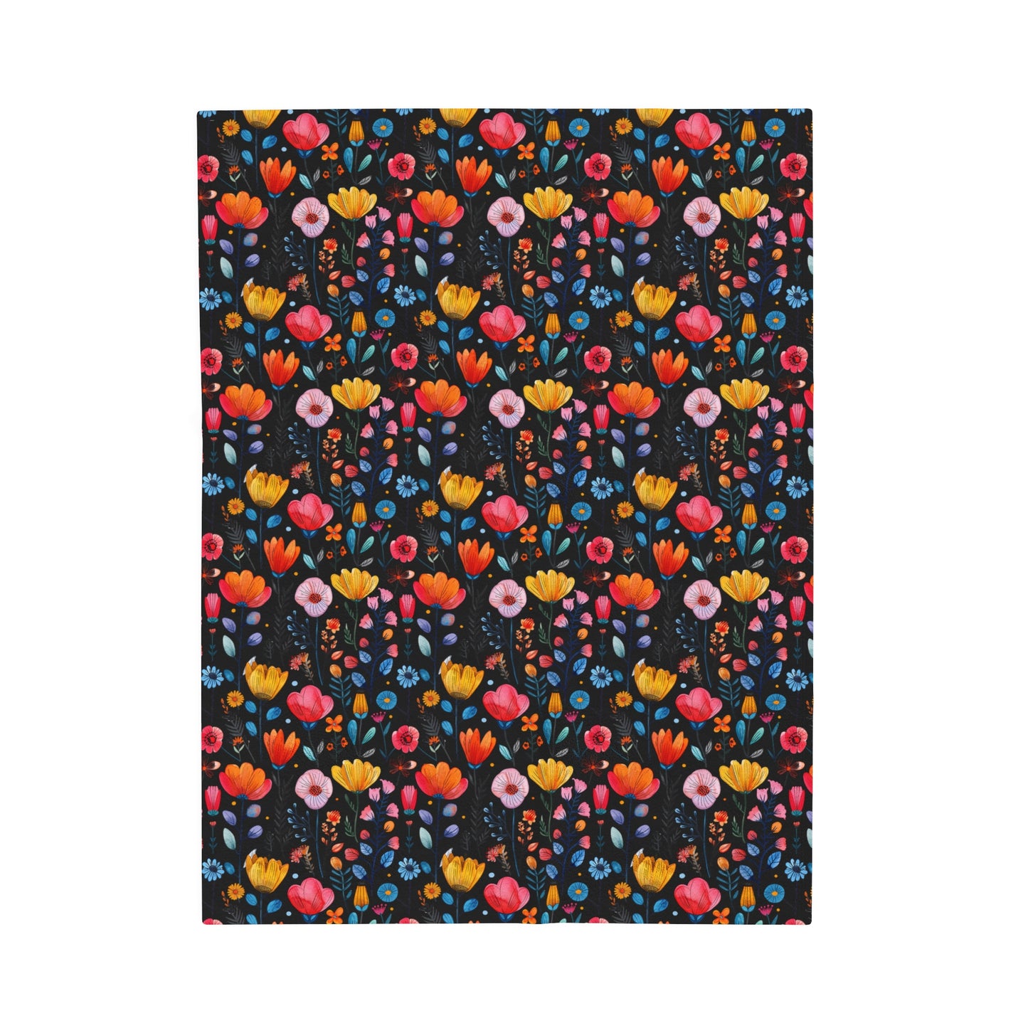 Vibrant Spring Blooms in a Kaleidoscope of Colors on Black Velveteen Plush Blanket 3 Sizes