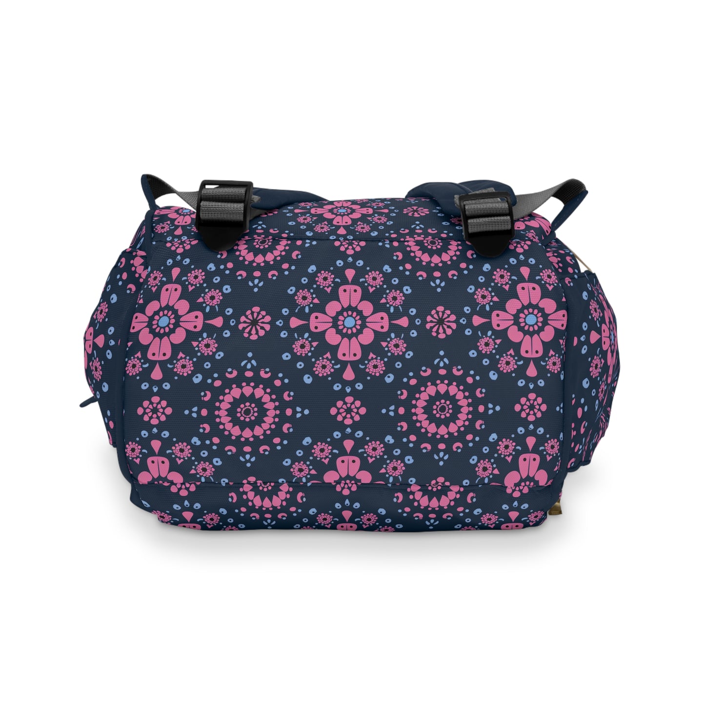 Midnight Garden in Pink and Blue Floral Mandala Pattern on Navy Multifunctional Diaper Backpack