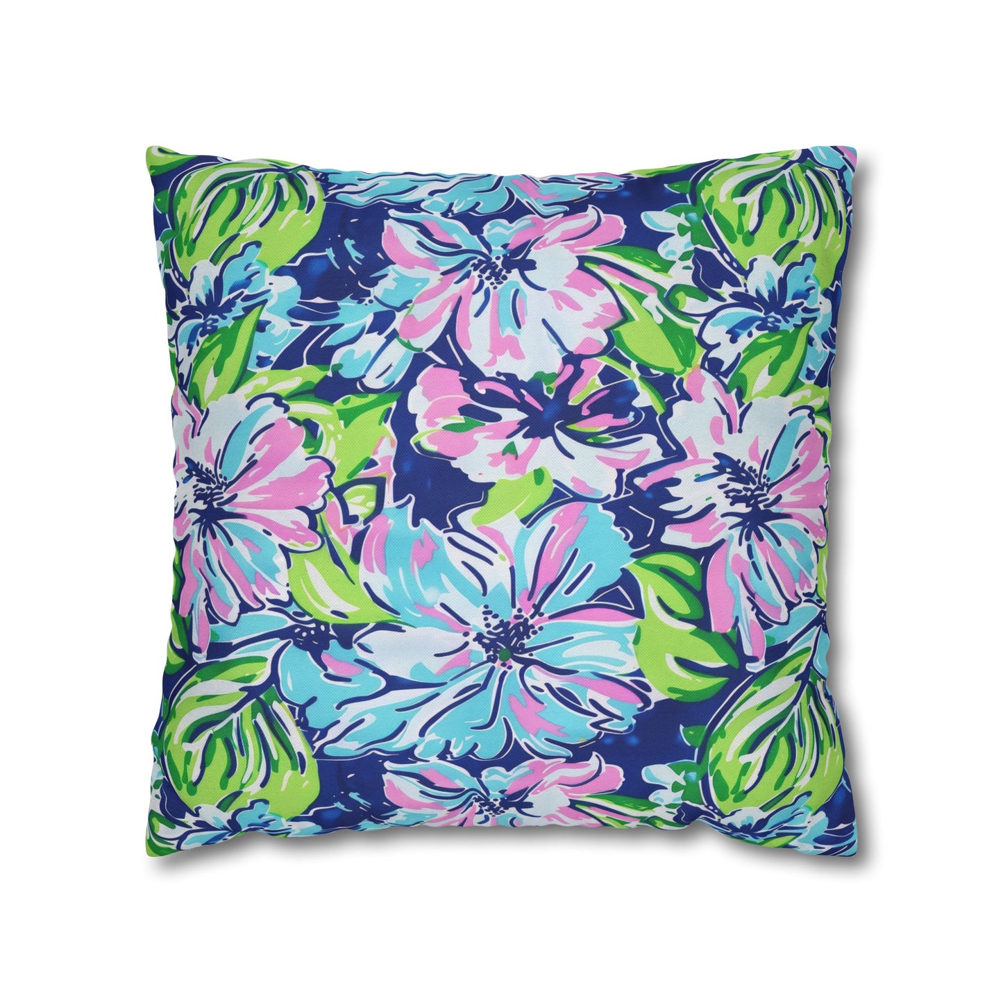 Seaside Coastal Pink, Navy, and Green Tropical Blooms Spun Polyester Square Pillowcase 4 Sizes