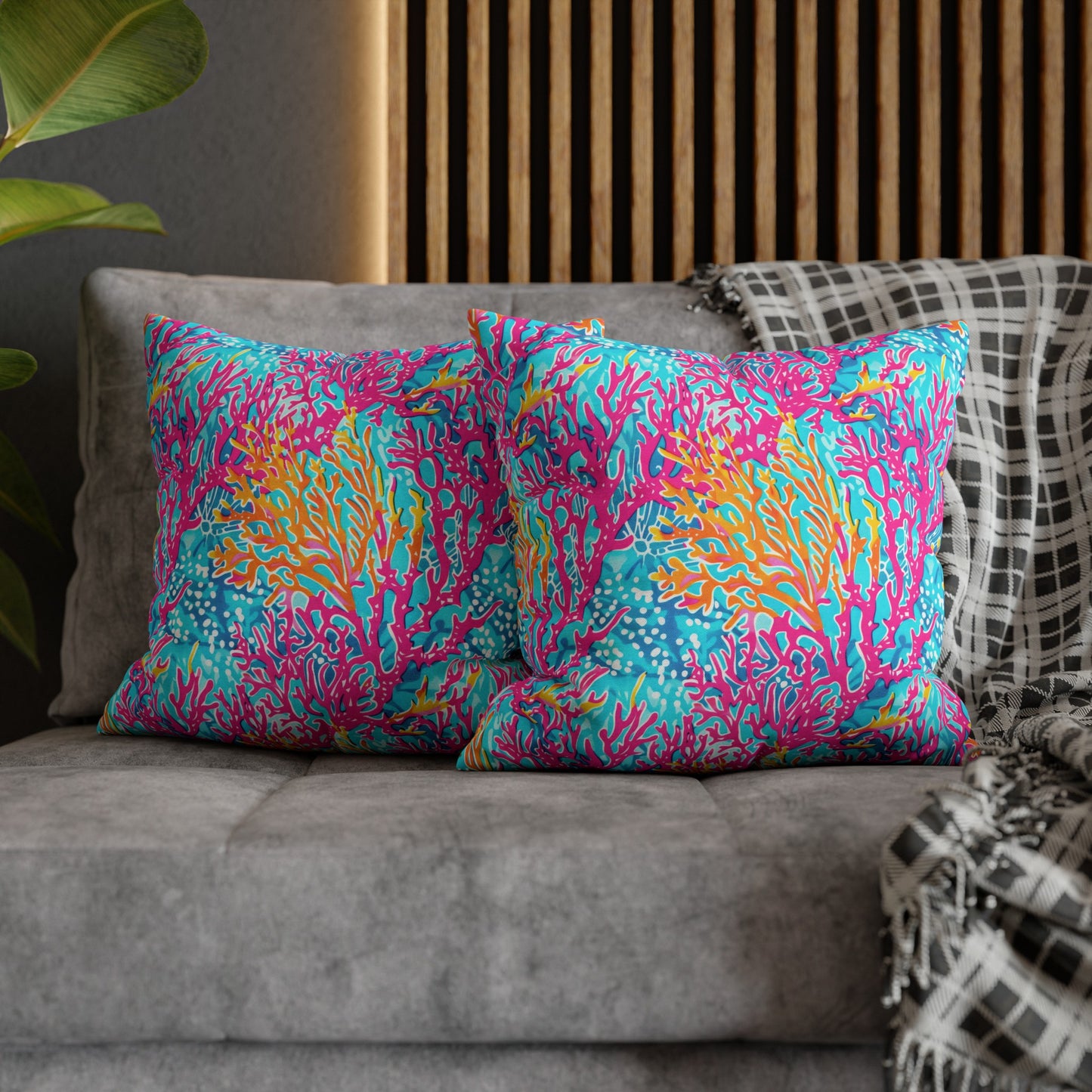 Coral Symphony: Bright Pink, Yellow, and Coral Dancing in the Blue Ocean Spun Polyester Square Pillowcase 4 Sizes