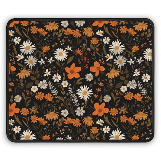 Elegant Floral Seamless Pattern in Warm Autumn Hues on Dark Background Gaming Mouse Pad with Finished Edges