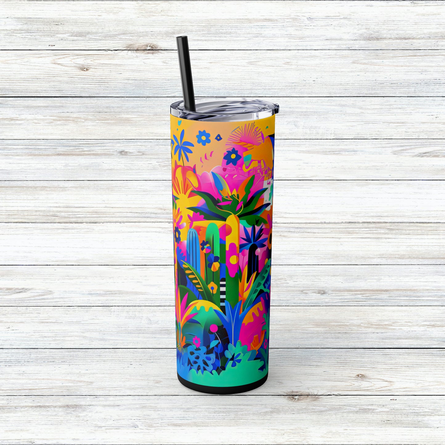 Tropical Neon Jungle Abstract Art Skinny Tumbler with Straw, 20oz