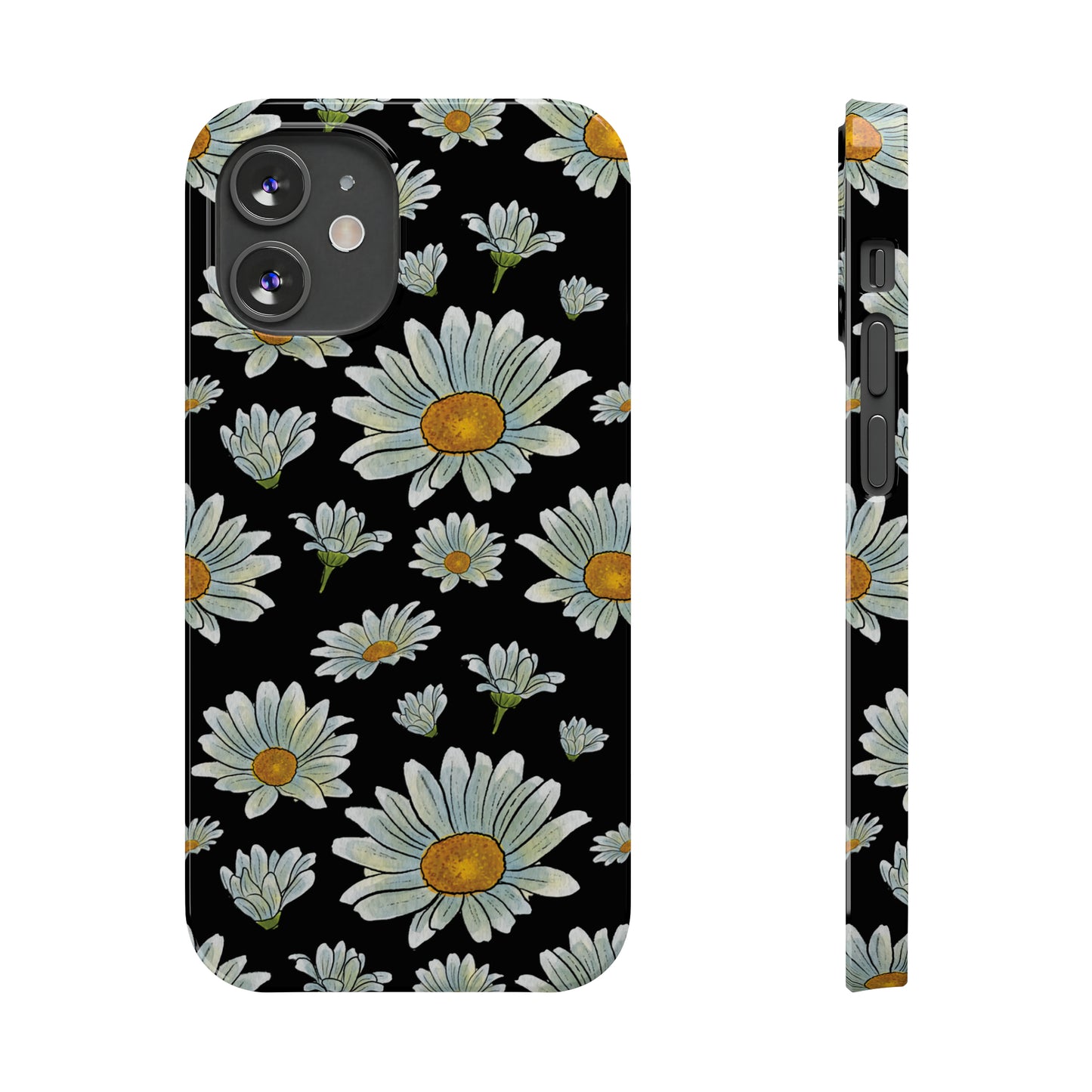 Large Watercolor Summer Daisies Blooming Against a Bold Black Background Iphone 15-12 Slim Phone Case