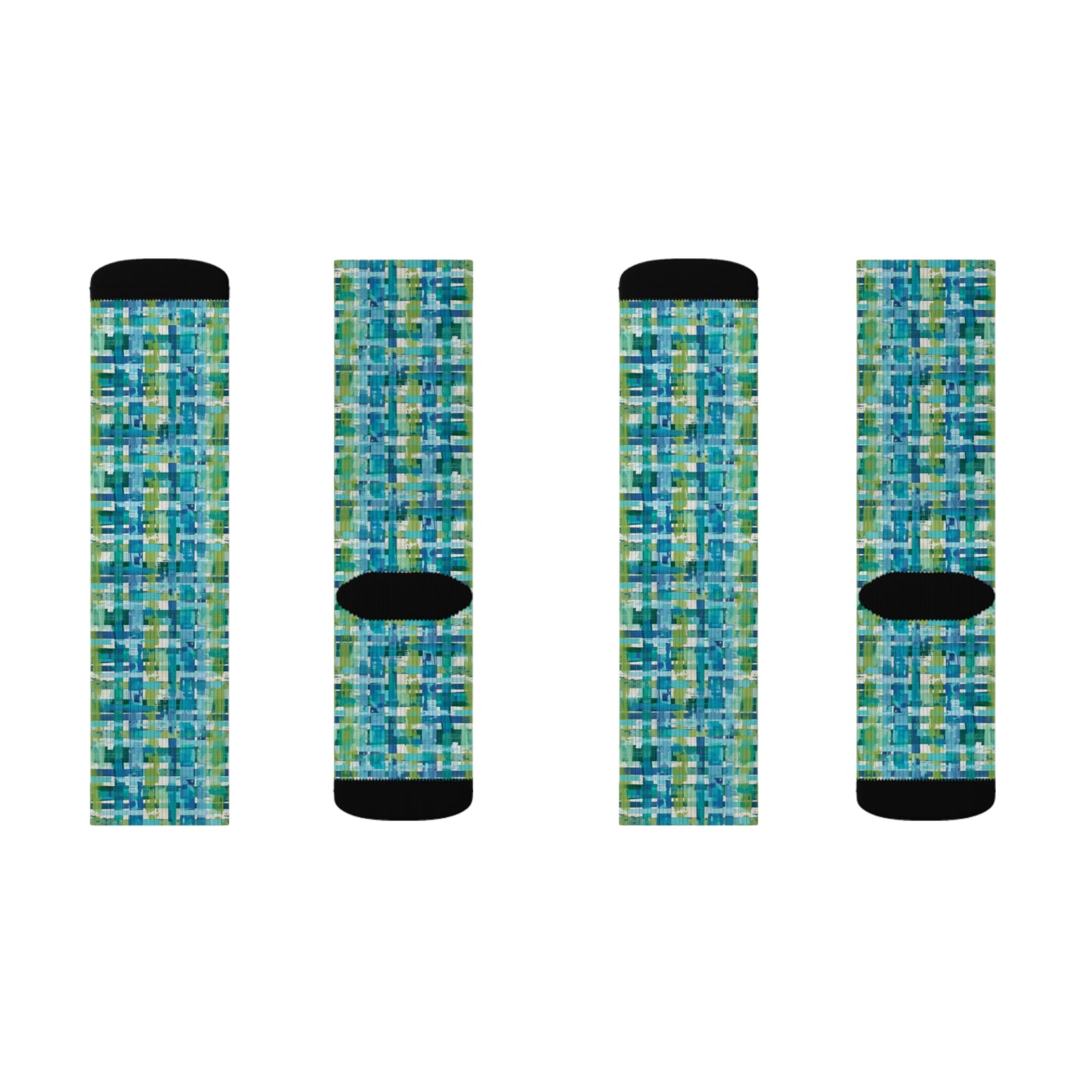 Enchanted Lagoon: Vibrant Green and Blue Abstract Plaid Ribbed Crew Socks