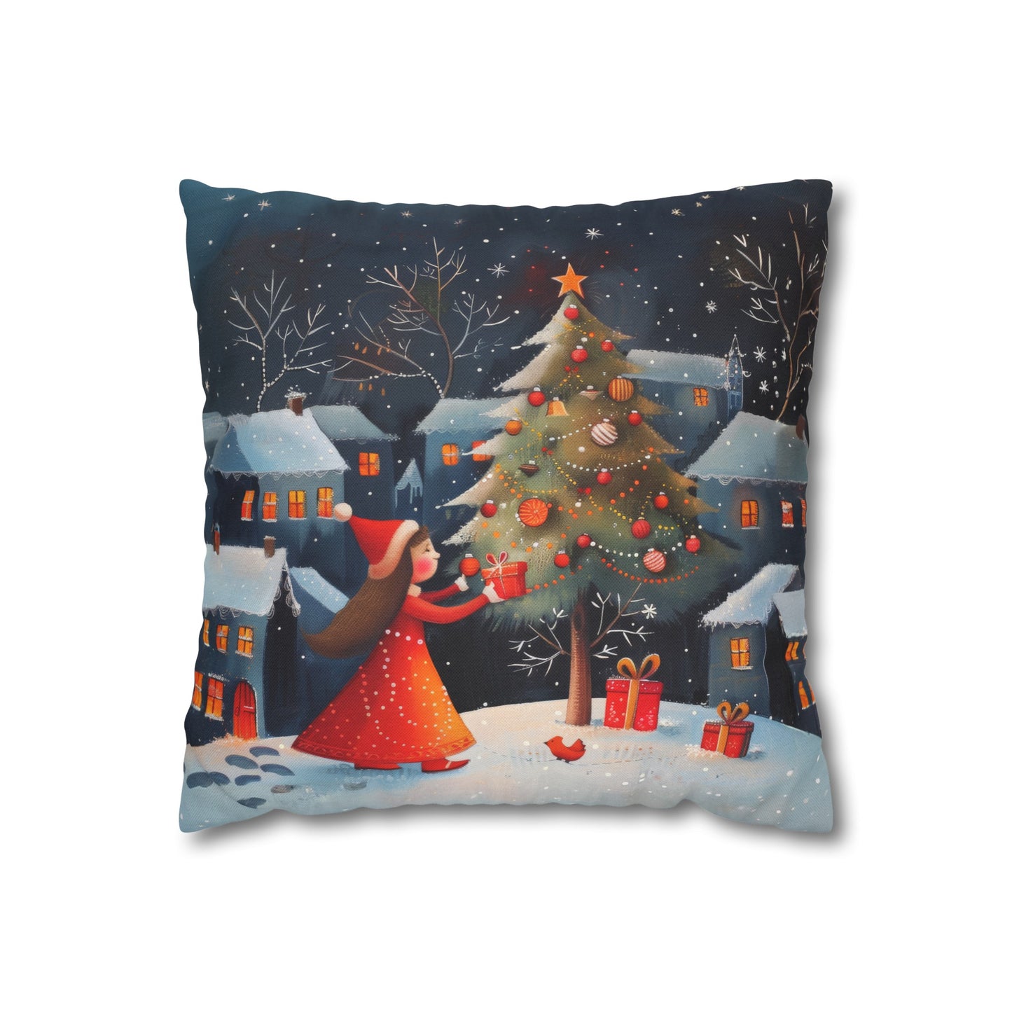 Joyful Surprise: Little Girl Admiring Christmas Tree with Presents Spun Polyester Square Pillowcase 4 Sizes