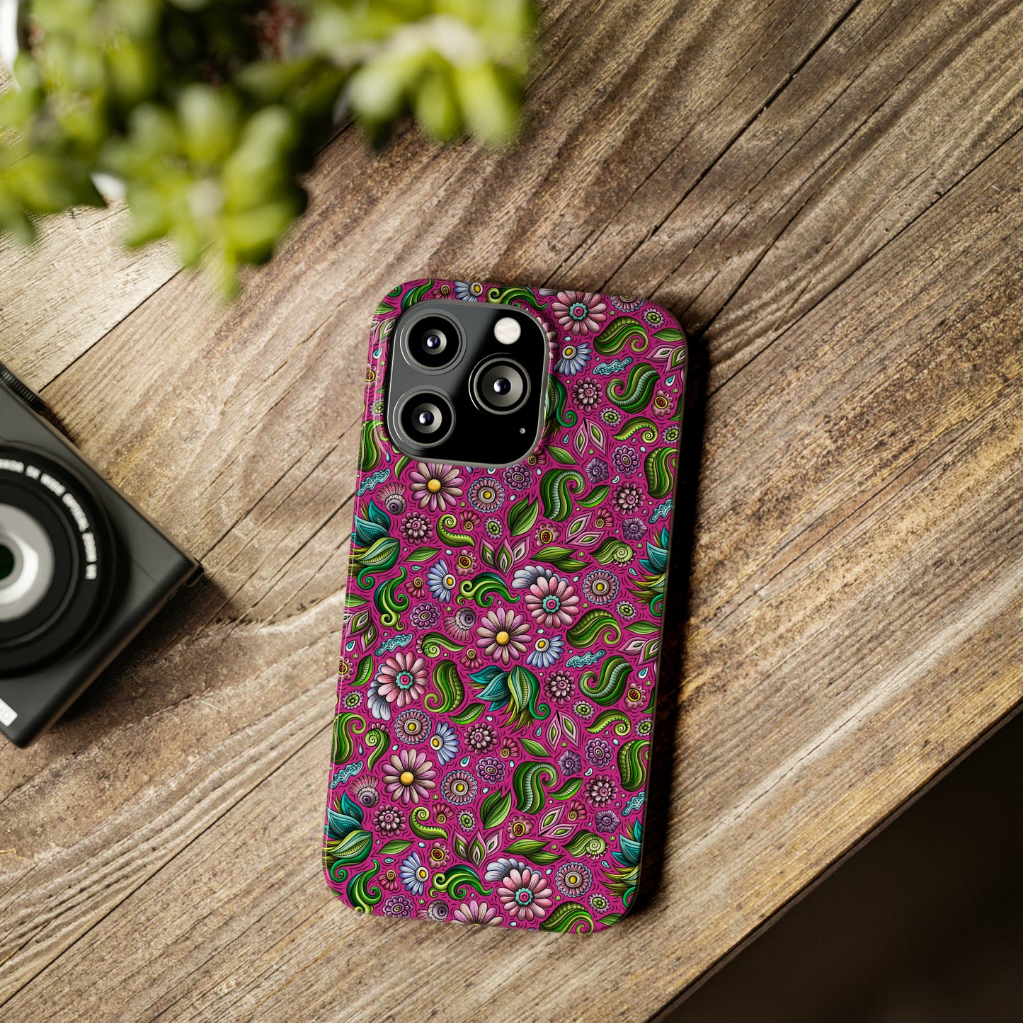 Purple & Pink Daisy Floral Print Hot Pink Background Iphone 15-12 Slim Phone Case