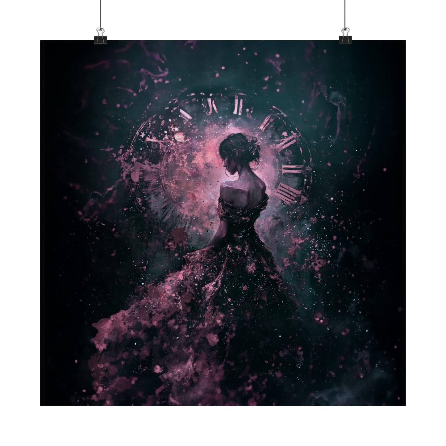 A Moment in Time Woman in Pink and Black Dress with Abstract Clock Print on Matte Poster - 11 Sizes