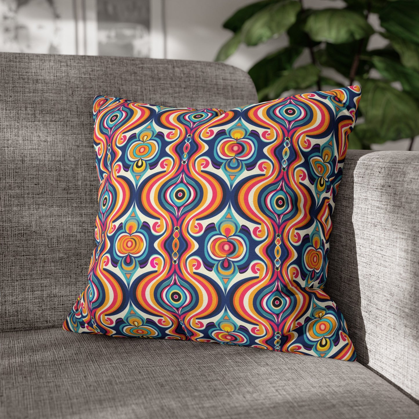 Vibrant Retro Waves with Colorful Geometric Pattern Spun Polyester Square Pillowcase 3 Sizes