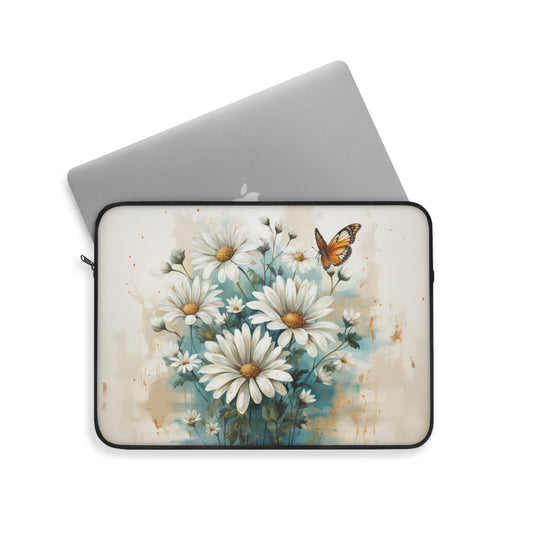 Rustic Farmhouse Teal and White Wild Daisies and Butterflies - Laptop or Ipad Protective Sleeve 3 Sizes