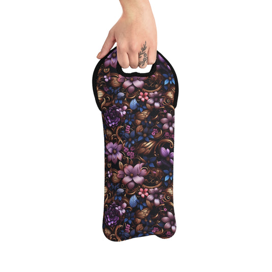 Steampunk Purple and Blue Flowers with Filigree and Gears and Mechanical Elements Wine Tote Bag Reusable Eco Friendly