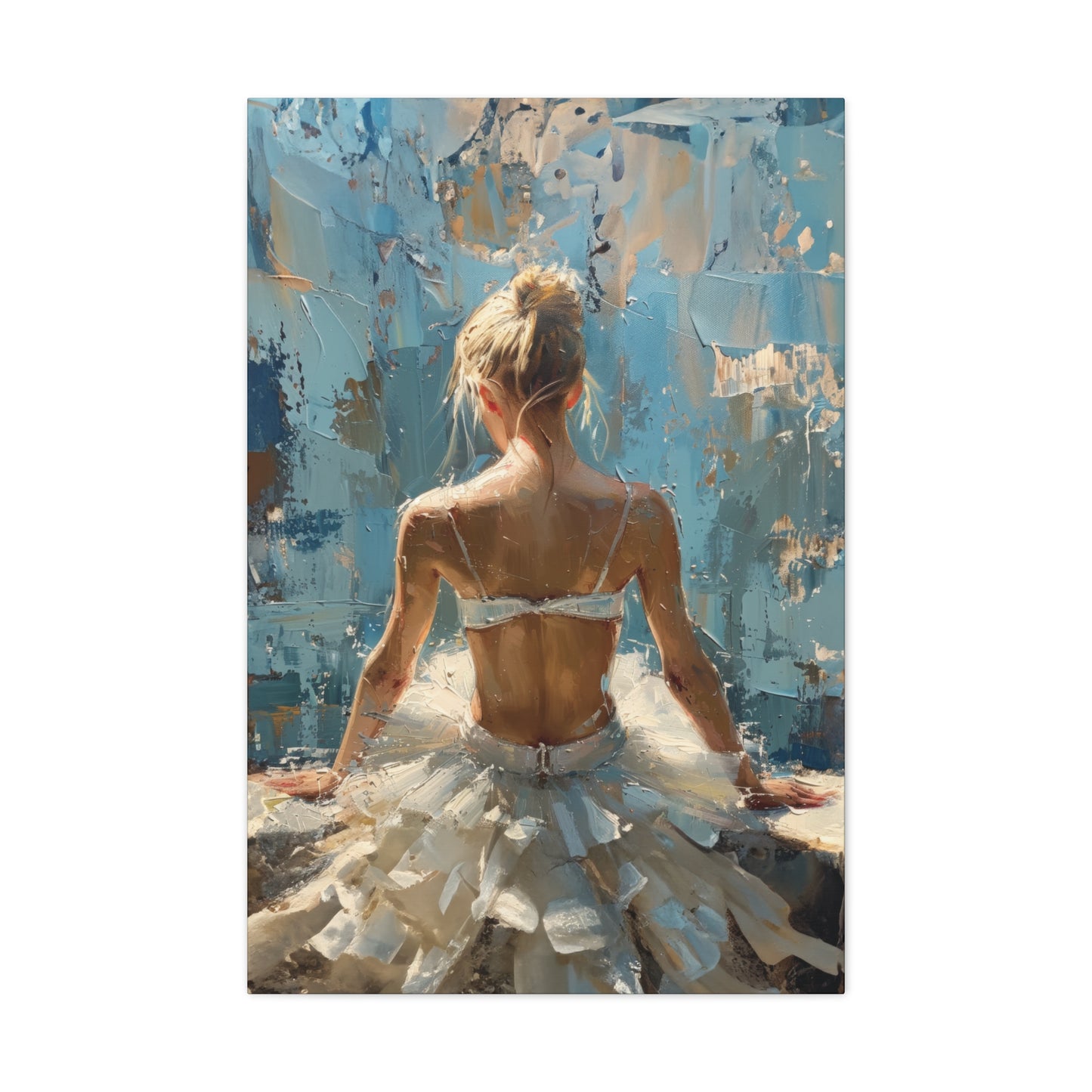 Sunlit Serenity Ballerina in White Dress, Bathed in Sunlight and Blue Skies with Back Turned Print on Canvas Gallery - 13 Sizes