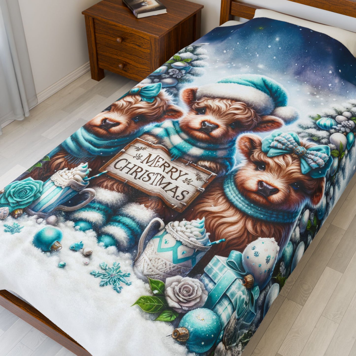 Baby Highland Cows Teal Merry Christmas Velveteen Plush Blanket 3 Sizes