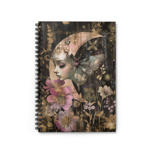 Mystical Lady in the Crescent Moon Celestial Pink Flowers and Butterflies - Spiral Notebook Ruled Line 6"x8"