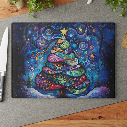 Vibrant Abstract Patchwork Christmas Tree Illuminating the Season Glass Cutting Board 2 Sizes