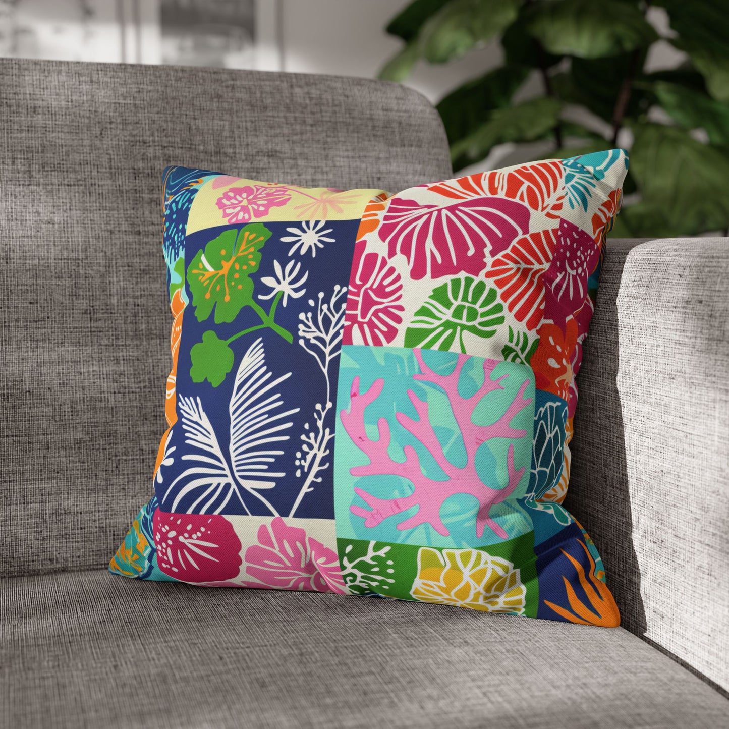 Vibrant Mosaic of Tropical Unique Shapes and Hues, from Vivid Oranges to Deep Blue Leaves and Flowers Spun Polyester Square Pillowcase 4 Sizes