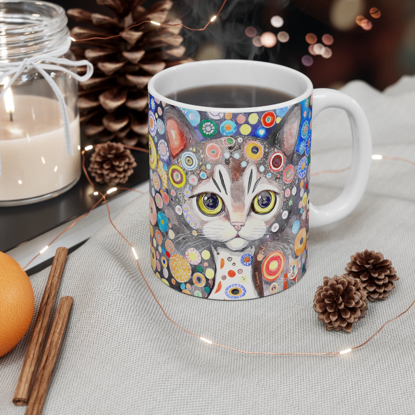 Sweet Grey Cat with Flowers in Style of Klimt  - 11 oz Coffee