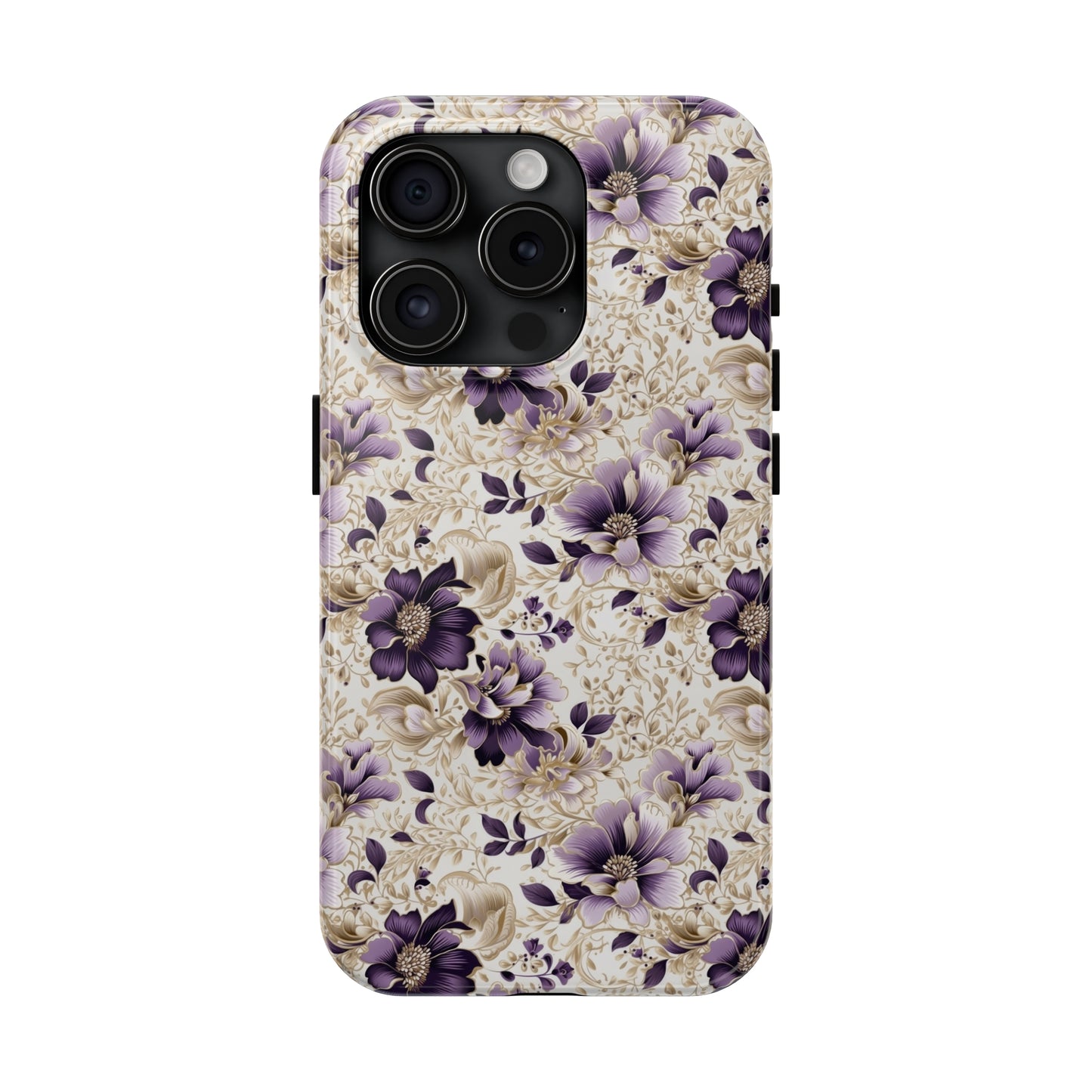 Purple Majesty: Watercolor Floral Design with Gold Foliage Accents Iphone Tough Phone Case