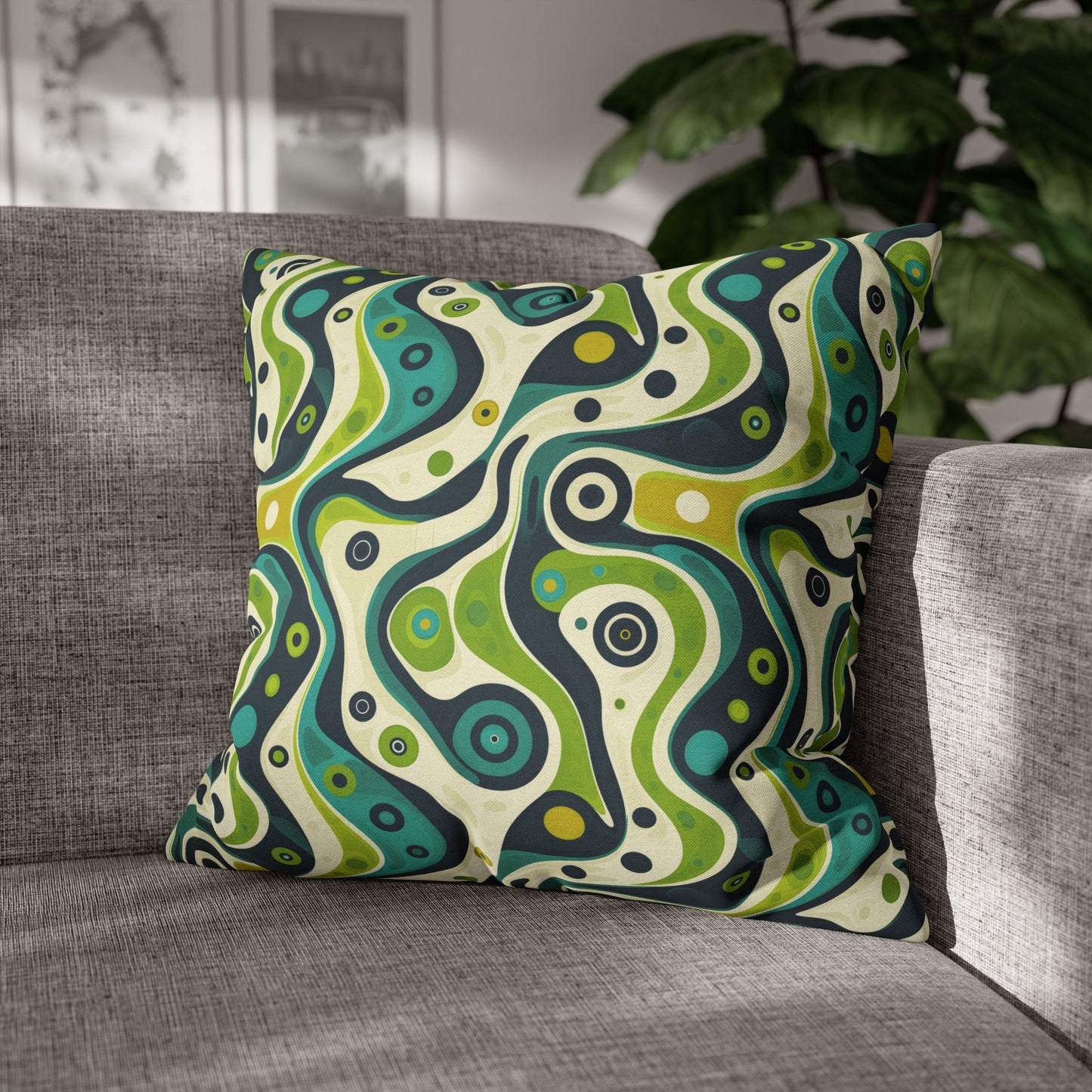 Groovy Retro Greens and Blues Abstract Waves Spun Polyester Square Pillowcase 4 Sizes