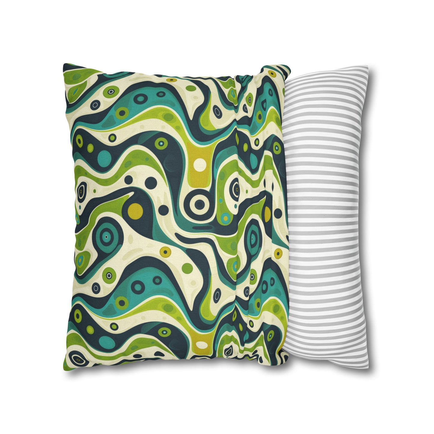 Groovy Retro Greens and Blues Abstract Waves Spun Polyester Square Pillowcase 4 Sizes