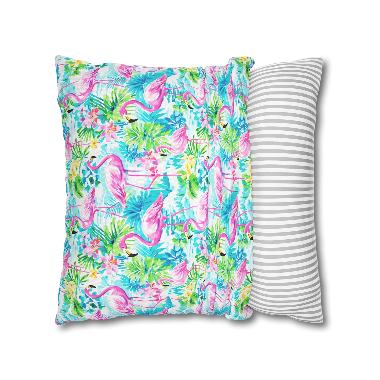 Tropical Flamingo Haven: Surrounded by Flowers and Palm Trees Spun Polyester Square Pillowcase 4 Sizes