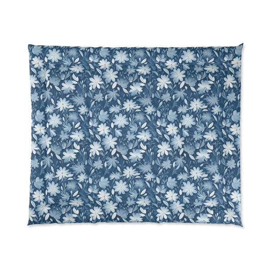 Gentle Elegance: Soft Muted Blue Flower Design - Comforter 4 Sizes