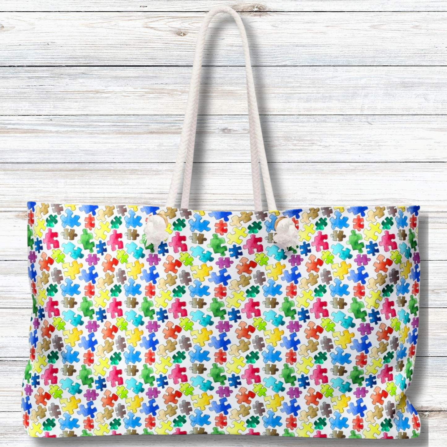 Rainbow Puzzle Pieces  - Weekender Oversized Canvas Tote Bag 24" × 13"