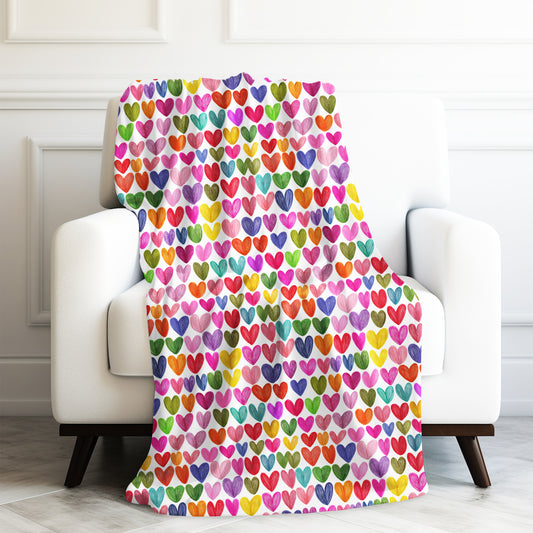 Hearts Hand Drawn Rainbow Velveteen Plush Blanket 3 Sizes