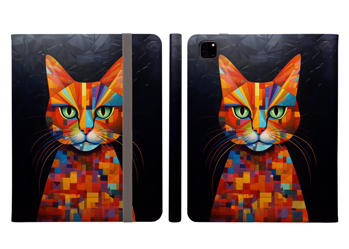 Kaleidoscope Cat Rainbow Vibrant Geometric Cat Protective iPad Pro 11 & Pro 12.9 Protective Case and Pencil Holder