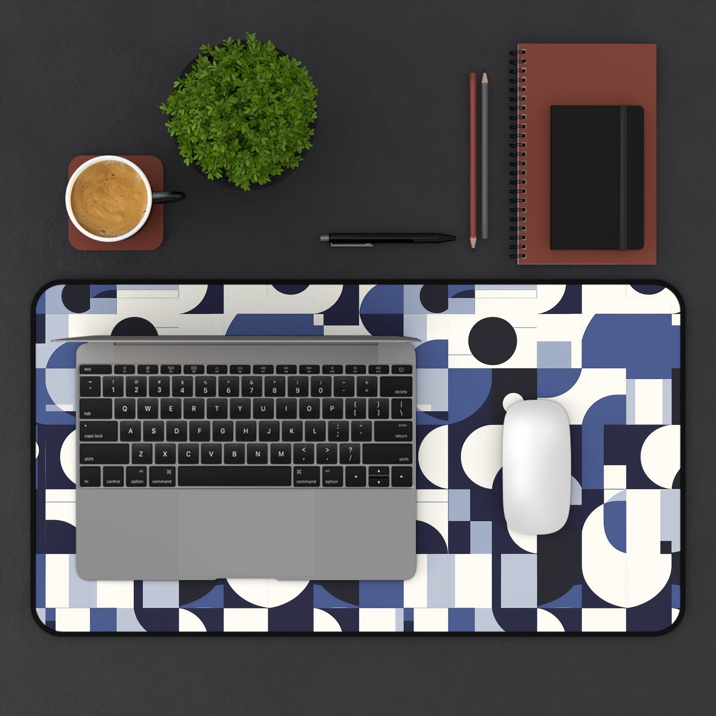 Navy Blue and White Mid-Century Modern Design Extended Gaming Mouse Pad  Desk Mat  - 3 Sizes