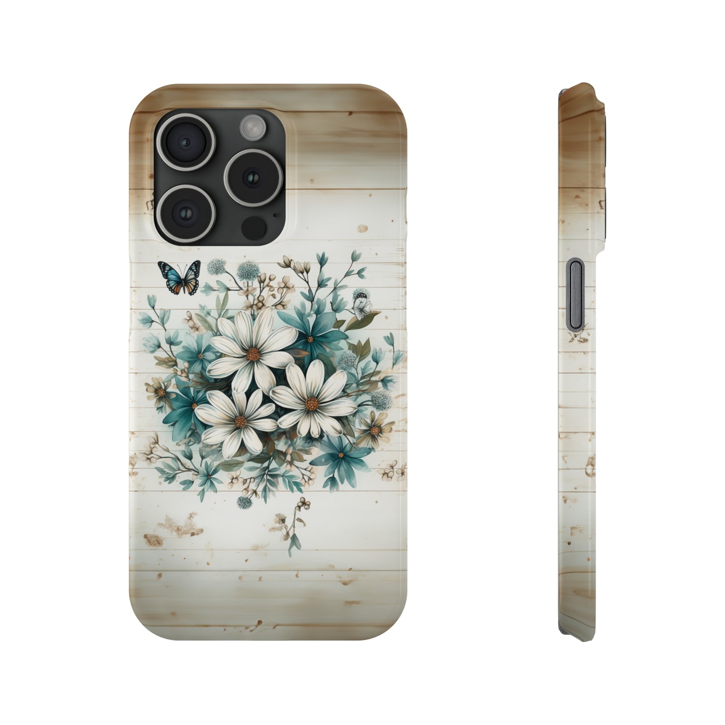 Rustic Charm Bouquet featuring Teal Accents White Wild Daisies with Butterflies  Iphone 15-12 Slim Phone Case