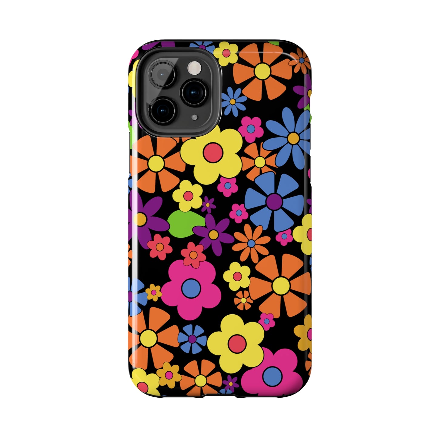 Flower Power Design on Black Background Iphone Tough Phone Case