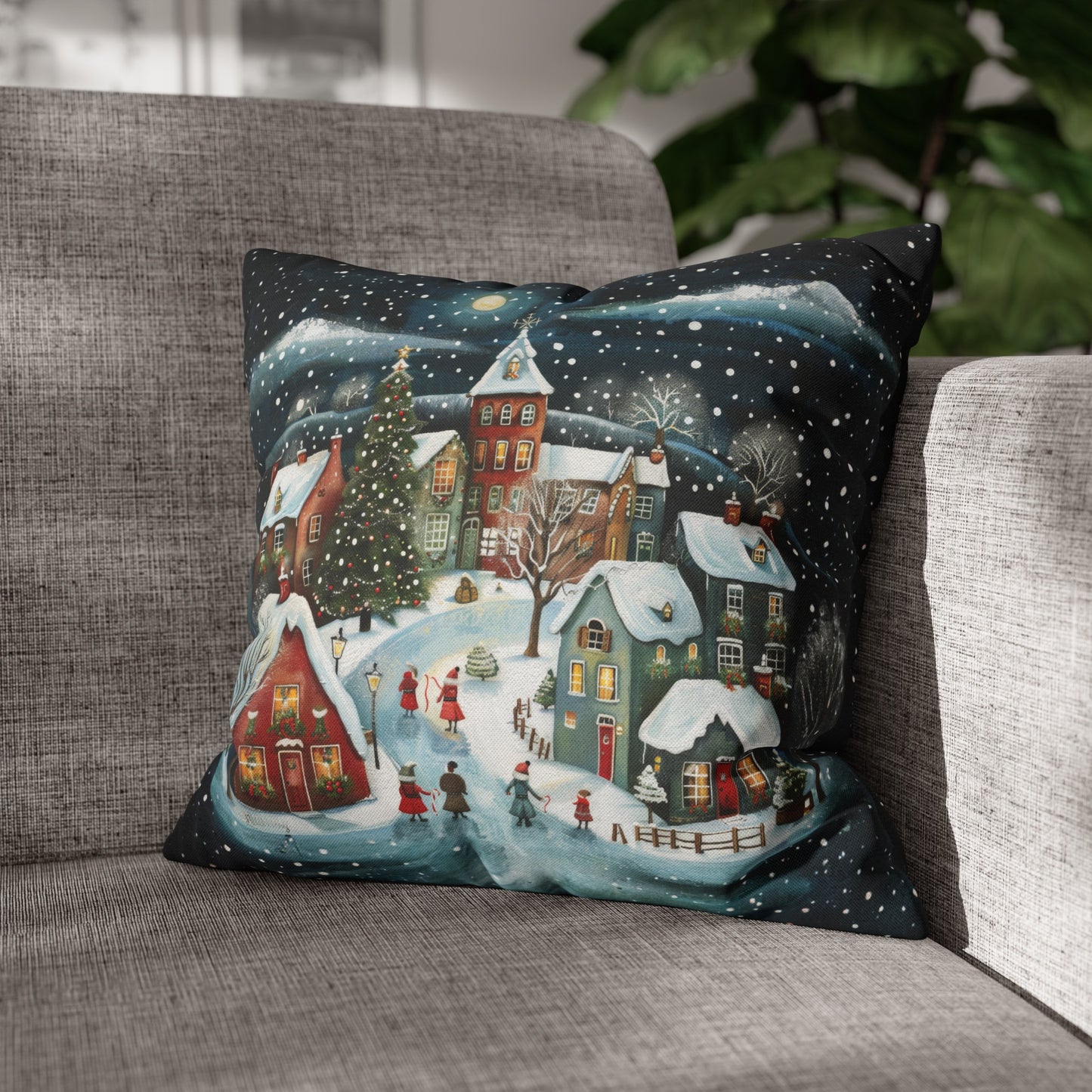 Midnight Magic: Winter Town Aglow with Christmas Decorations and Tree Spun Polyester Square Pillowcase 4 Sizes