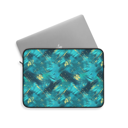 Vibrant Teal and Gold Abstract Brushstroke Pattern Laptop or Ipad Protective Sleeve 3 Sizes Available