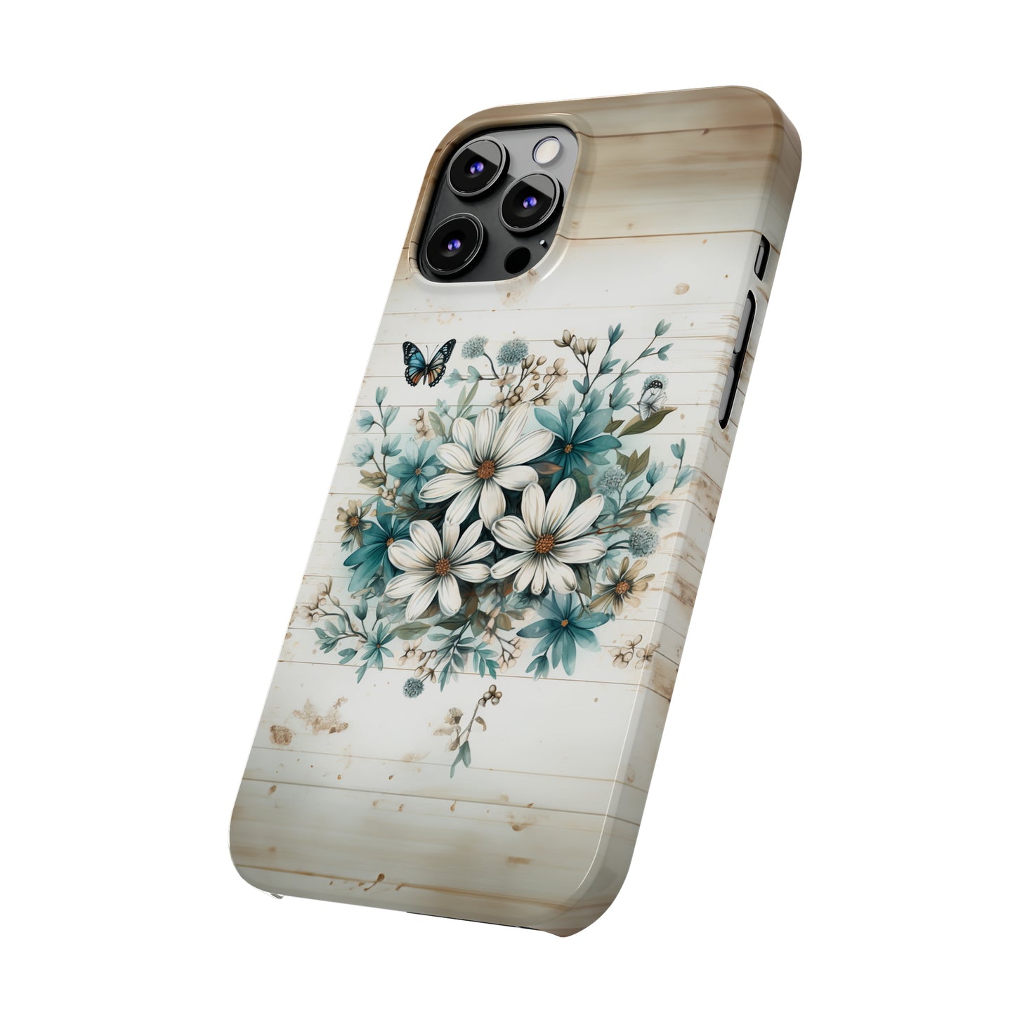 Rustic Charm Bouquet featuring Teal Accents White Wild Daisies with Butterflies  Iphone 15-12 Slim Phone Case