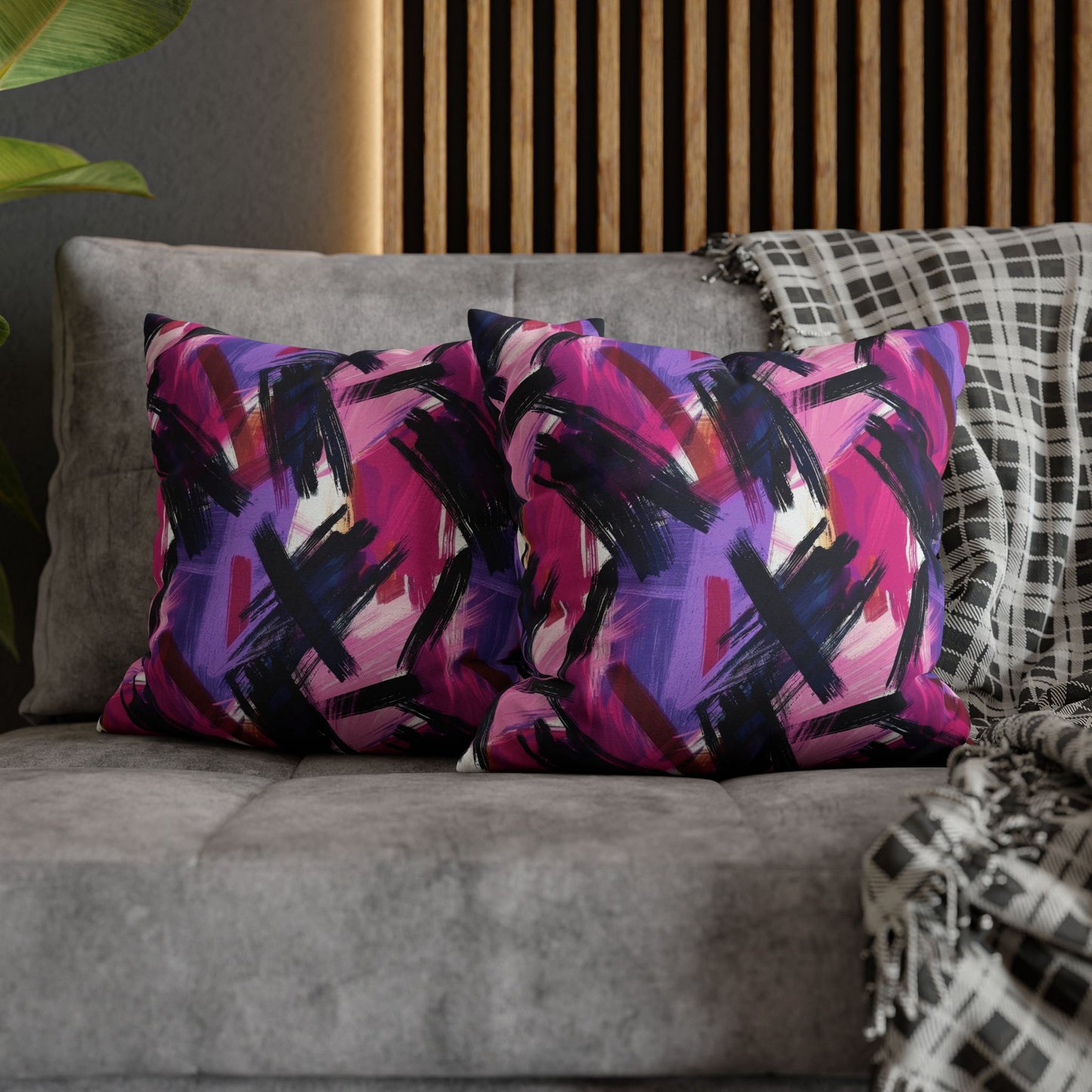 Vibrant Rebellion Brush Strokes in Hot Pink and Cool Purple on a Moody, Dark Background Spun Polyester Square Pillowcase 4 Sizes