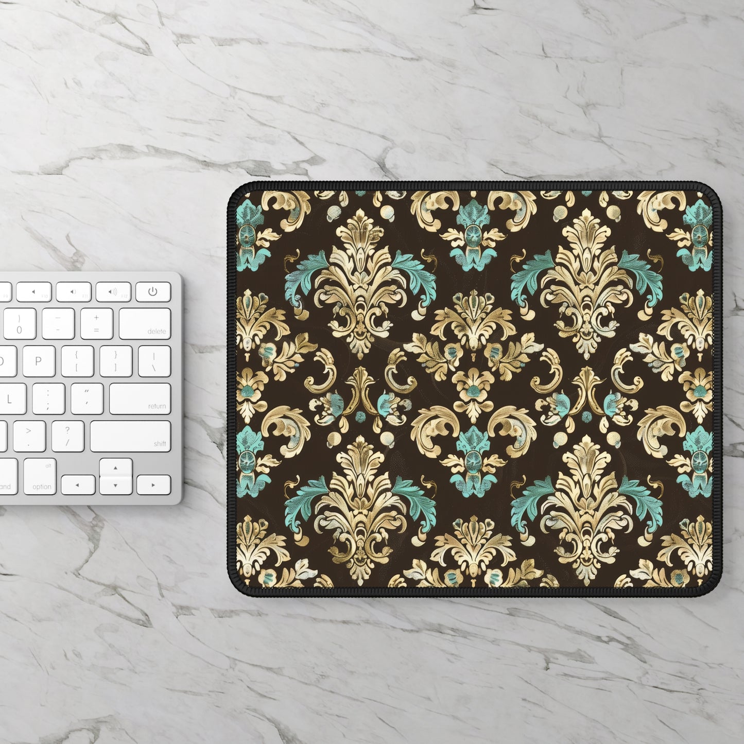 Luxurious Rococo Pattern of Ornate Brown and Teal Floral Scroll Design Gaming Mouse Pad with Finished Edges