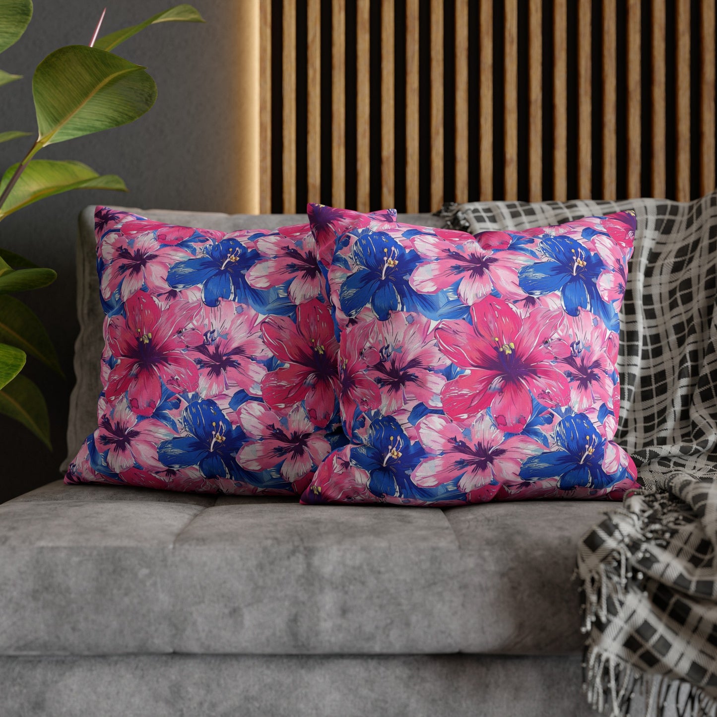 Blooming Bliss: Large Pink and Blue Blossoms in Full Bloom Spun Polyester Square Pillowcase 4 Sizes