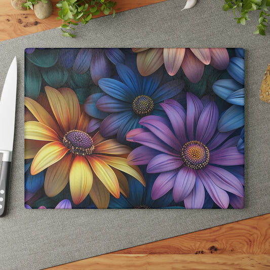3D Daisy Flowers Spring Floral Glass Cutting Board, Charcuterie Serving Tray 2 Sizes