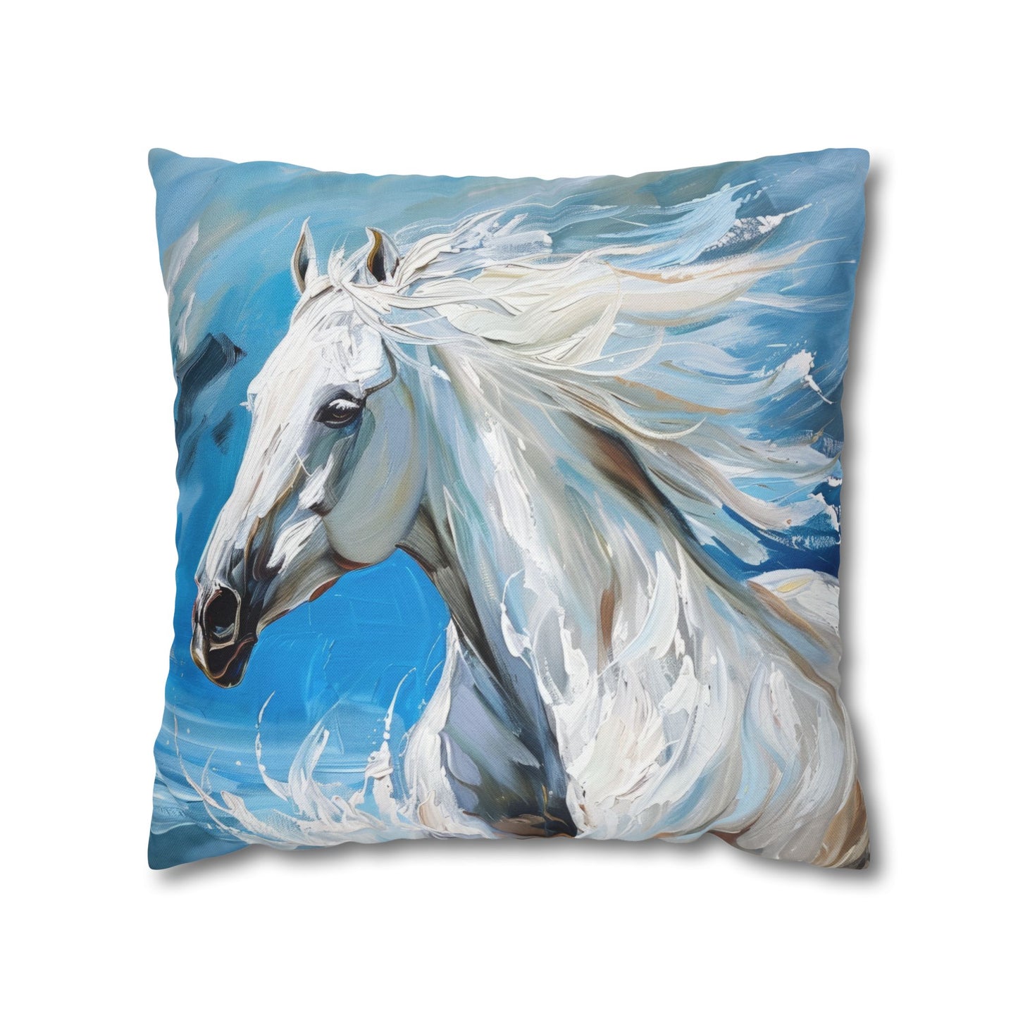 Majestic White Stallion Galloping Along the Oceans Edge Spun Polyester Square Pillowcase 4 Sizes