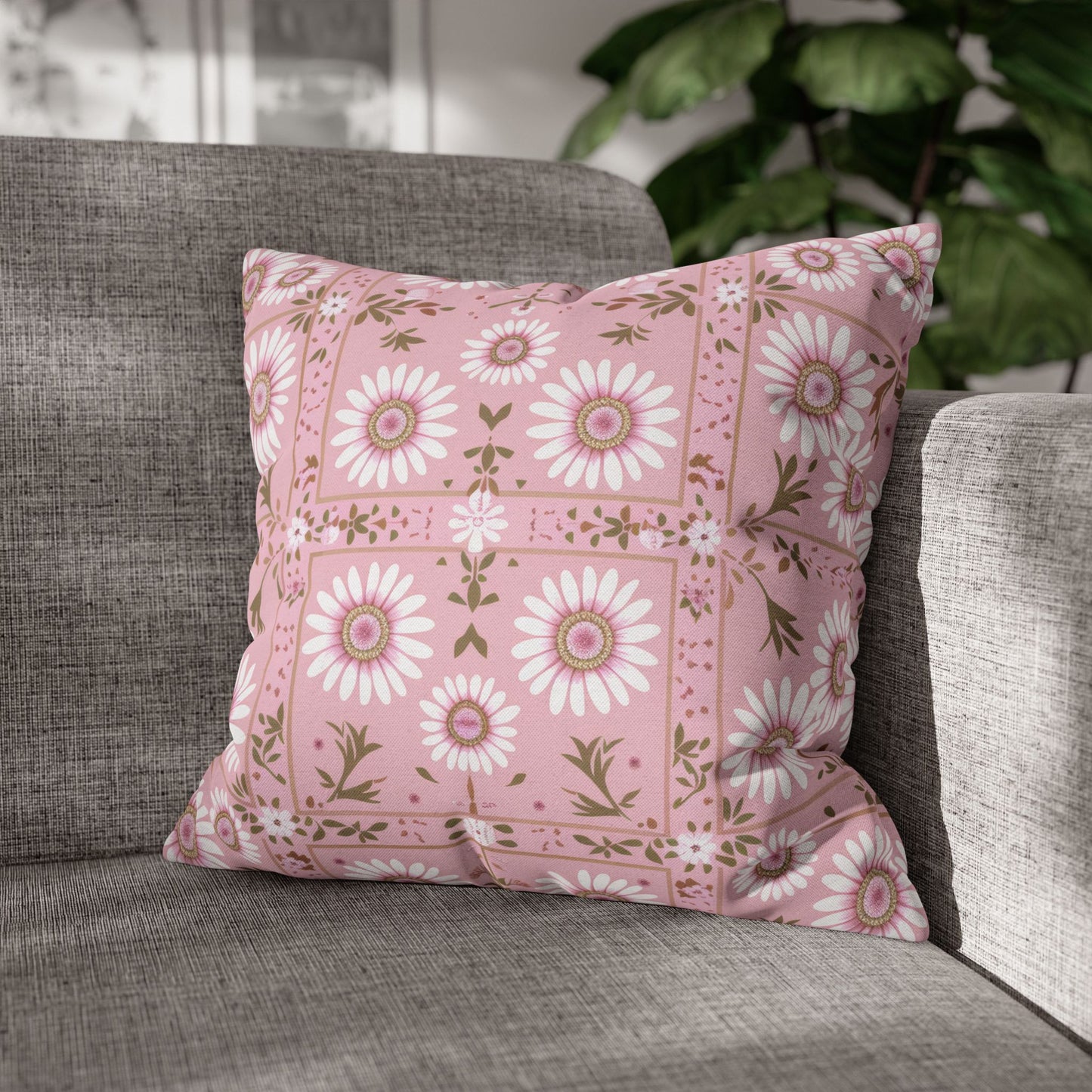 Charming Daisy Pink and White Floral Tile Pattern Spun Polyester Square Pillowcase 4 Sizes