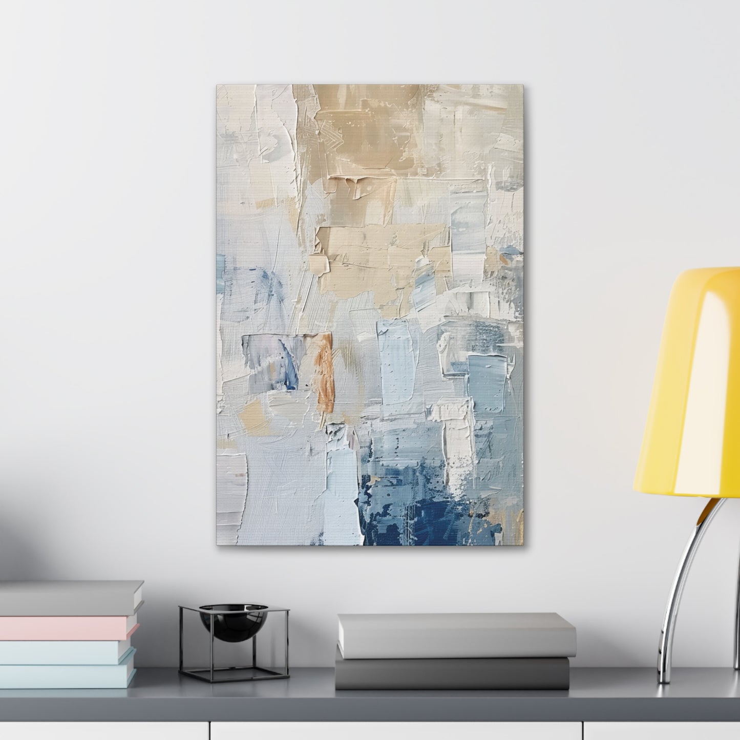 Bold Contrasts Abstract Tan, Grey and Blue Color Blocking with Heavy Strokes Print on Canvas Gallery - 13 Sizes