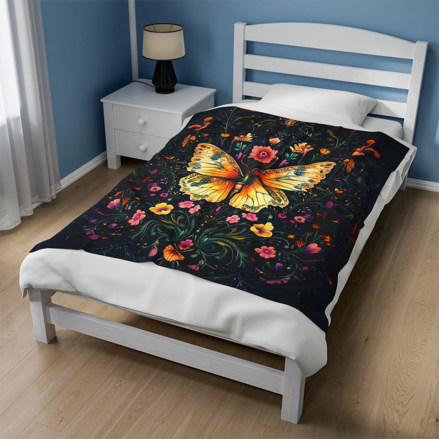 Enchanted Garden of Majestic Butterfly Amidst Midnight Blossoms Velveteen Plush Blanket 3 Sizes