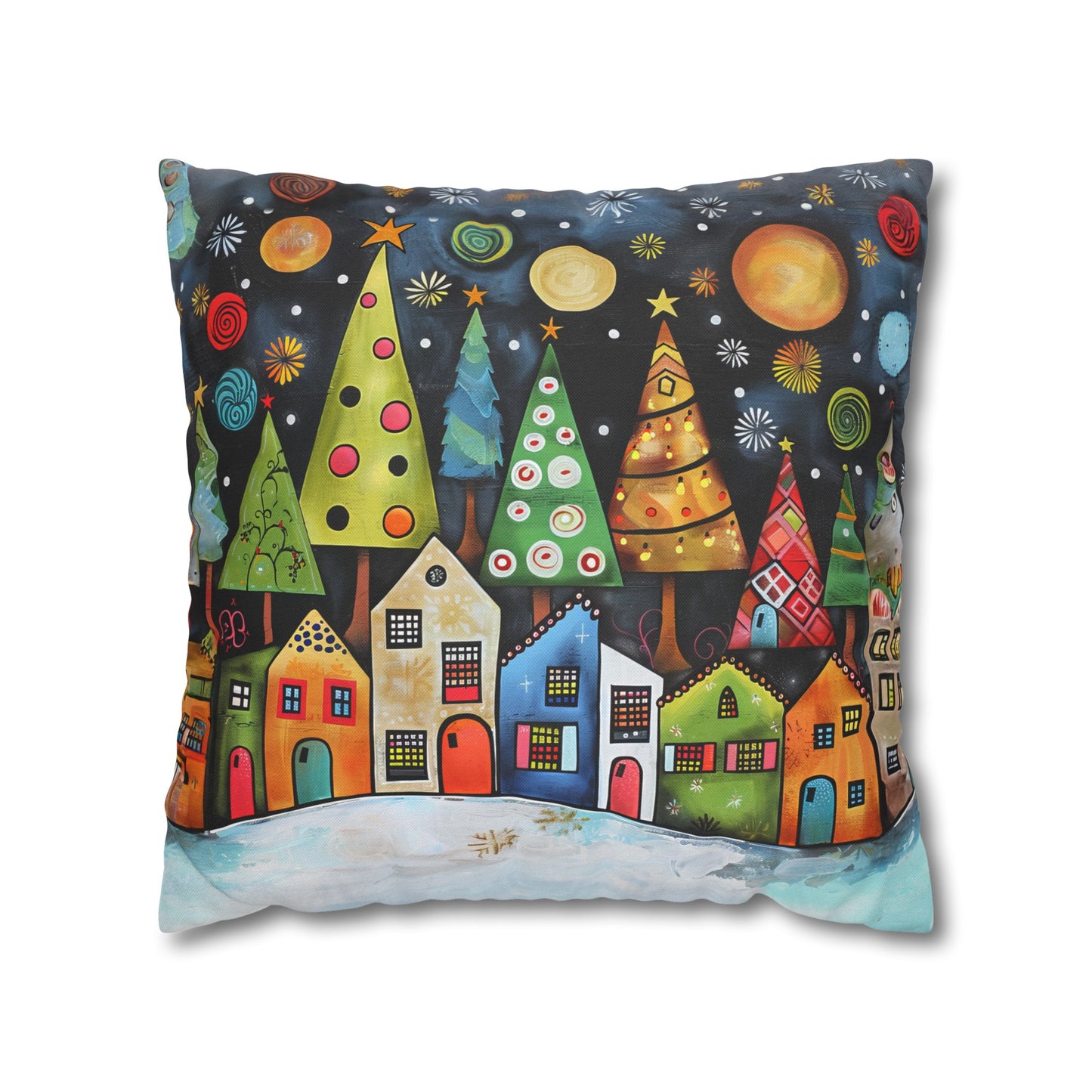 Holiday Haven: Abstract Folk Art Christmas Village Adorned with Christmas Trees Scene Spun Polyester Square Pillowcase 4 Sizes