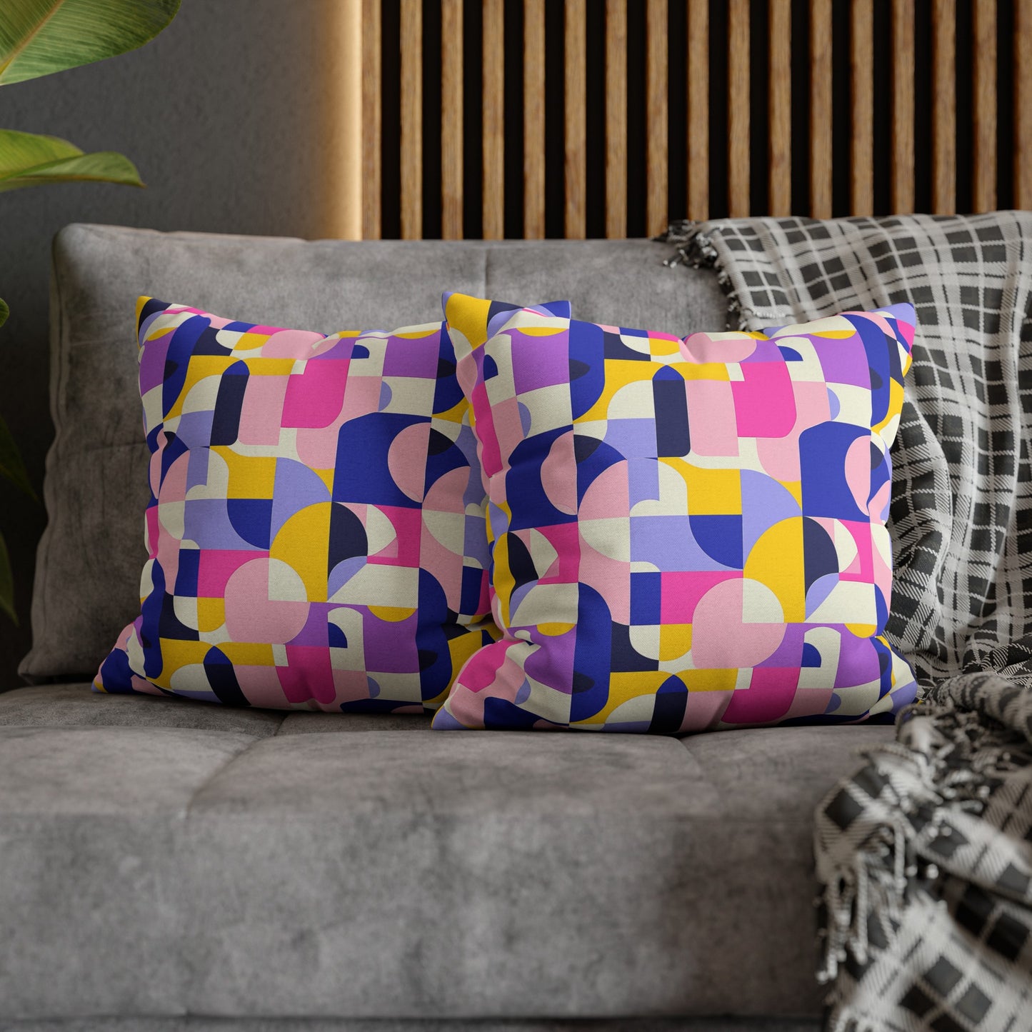 Vibrant Pink, Blue Yellow Color Block Geometric Shapes Spun Polyester Square Pillowcase 4 Sizes